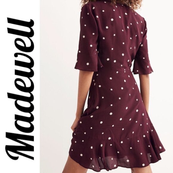MADEWELL 100% Silk Burgundy Star Print Flutter Hem Faux Wrap Mini Dress, Small - Picture 4 of 13